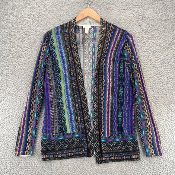 Chicos Sweater Womens 1 US Medium Blue Multi Pattern Cardigan Open Front Stretch - Picture 1 of 11